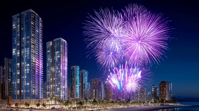 Modern Skyscraper Skyline With Vibrant Purple Fireworks Display