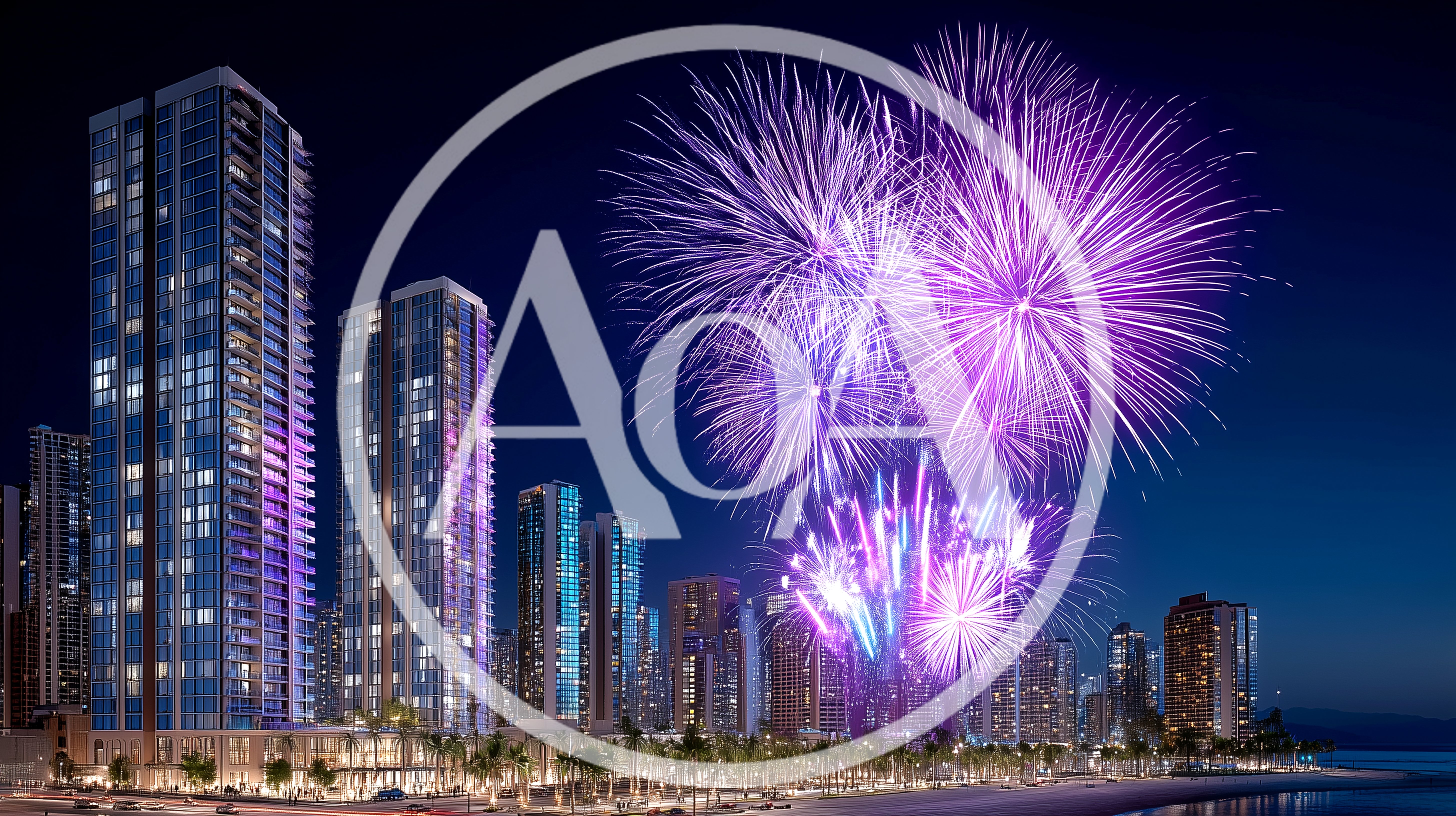 Modern Skyscraper Skyline With Vibrant Purple Fireworks Display