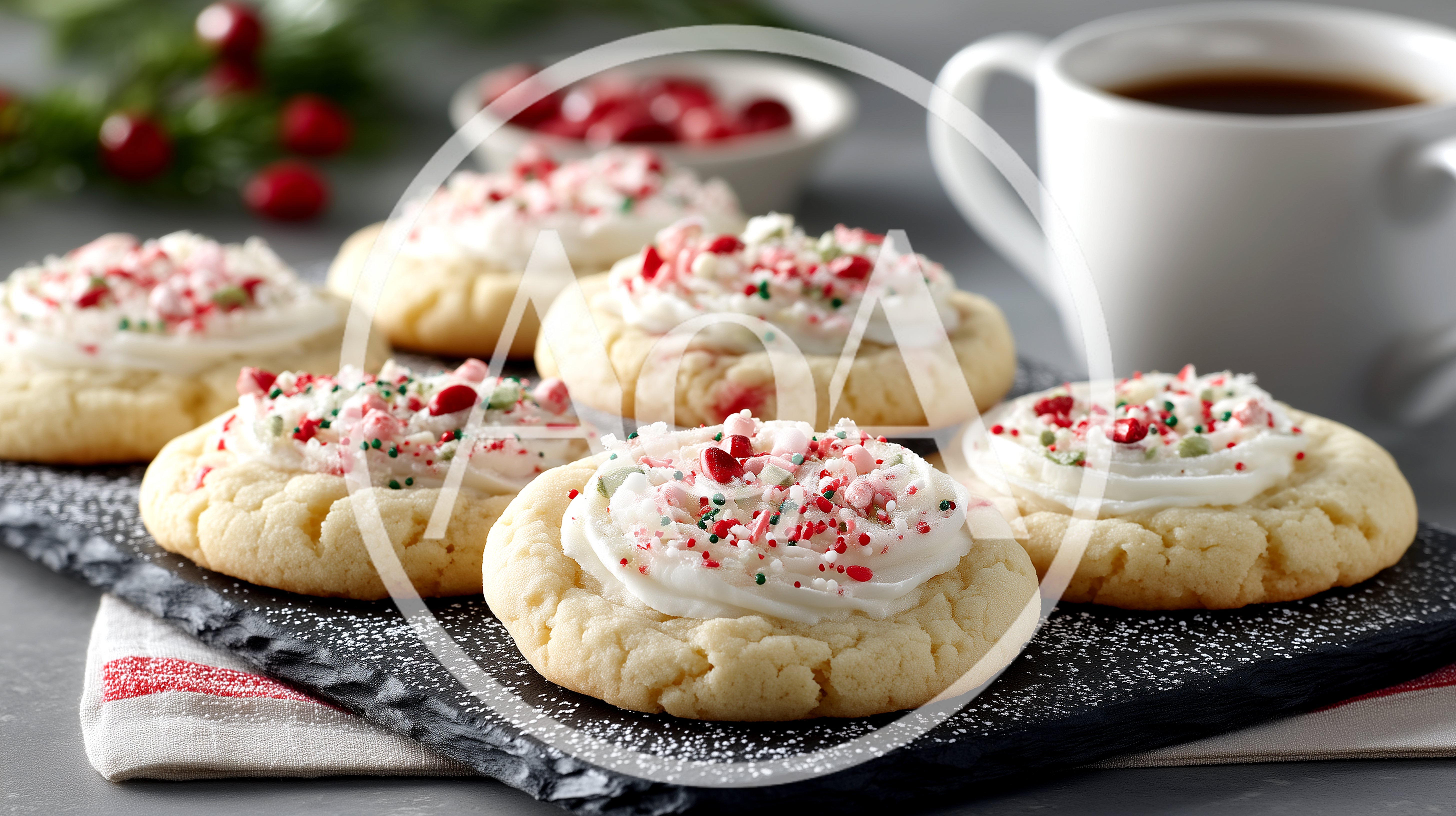 Frosted Peppermint Sugar Cookies On A Slate Tray