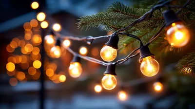Glowing String Lights Hanging On Pine Tree Branches