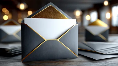 Open Black Envelopes With Gold Trim On Wooden Table