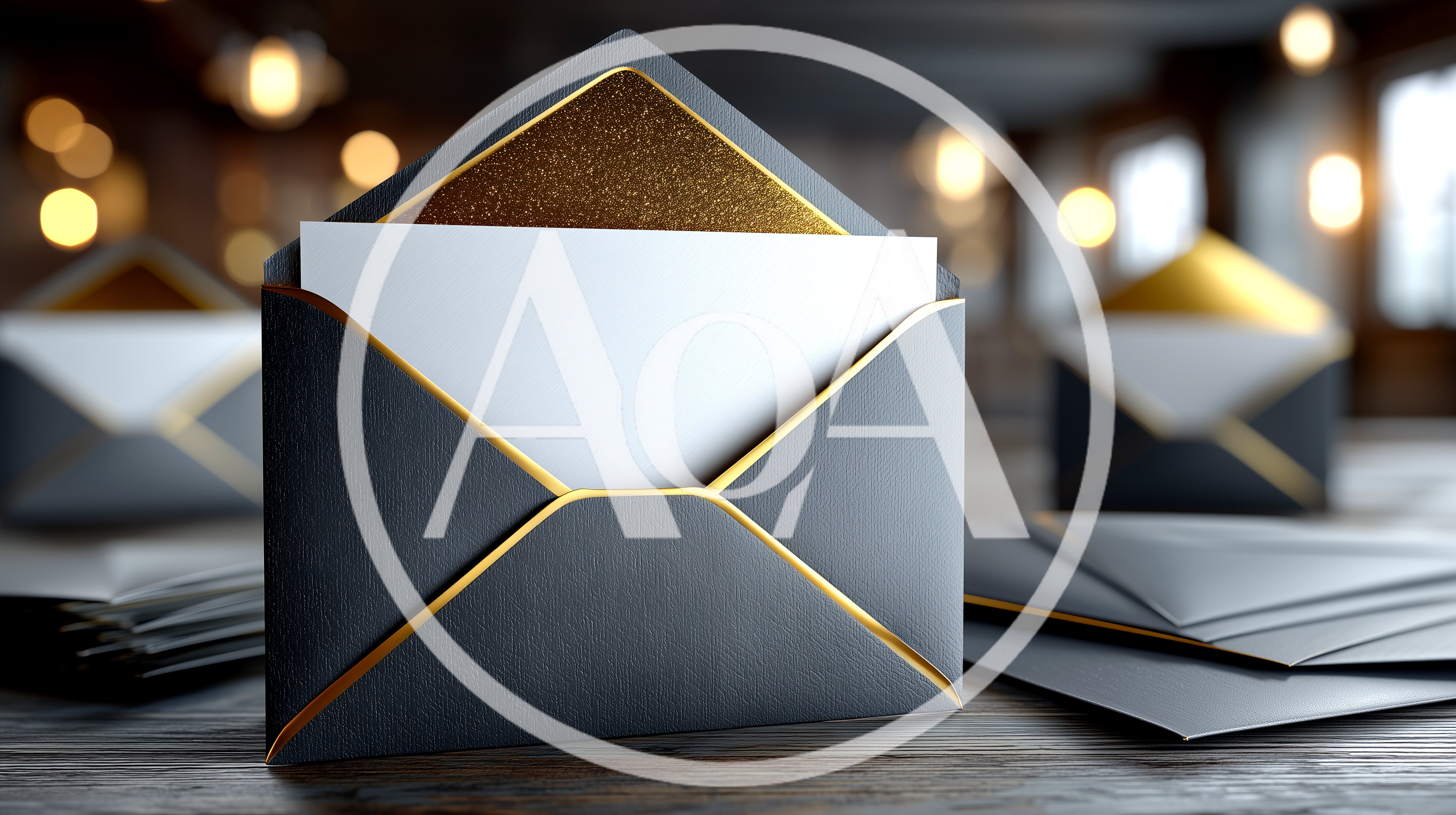 Open Black Envelopes With Gold Trim On Wooden Table