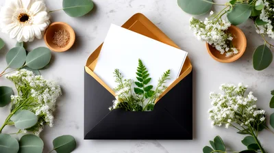 Elegant Black Envelope With White Card And Floral Arrangement