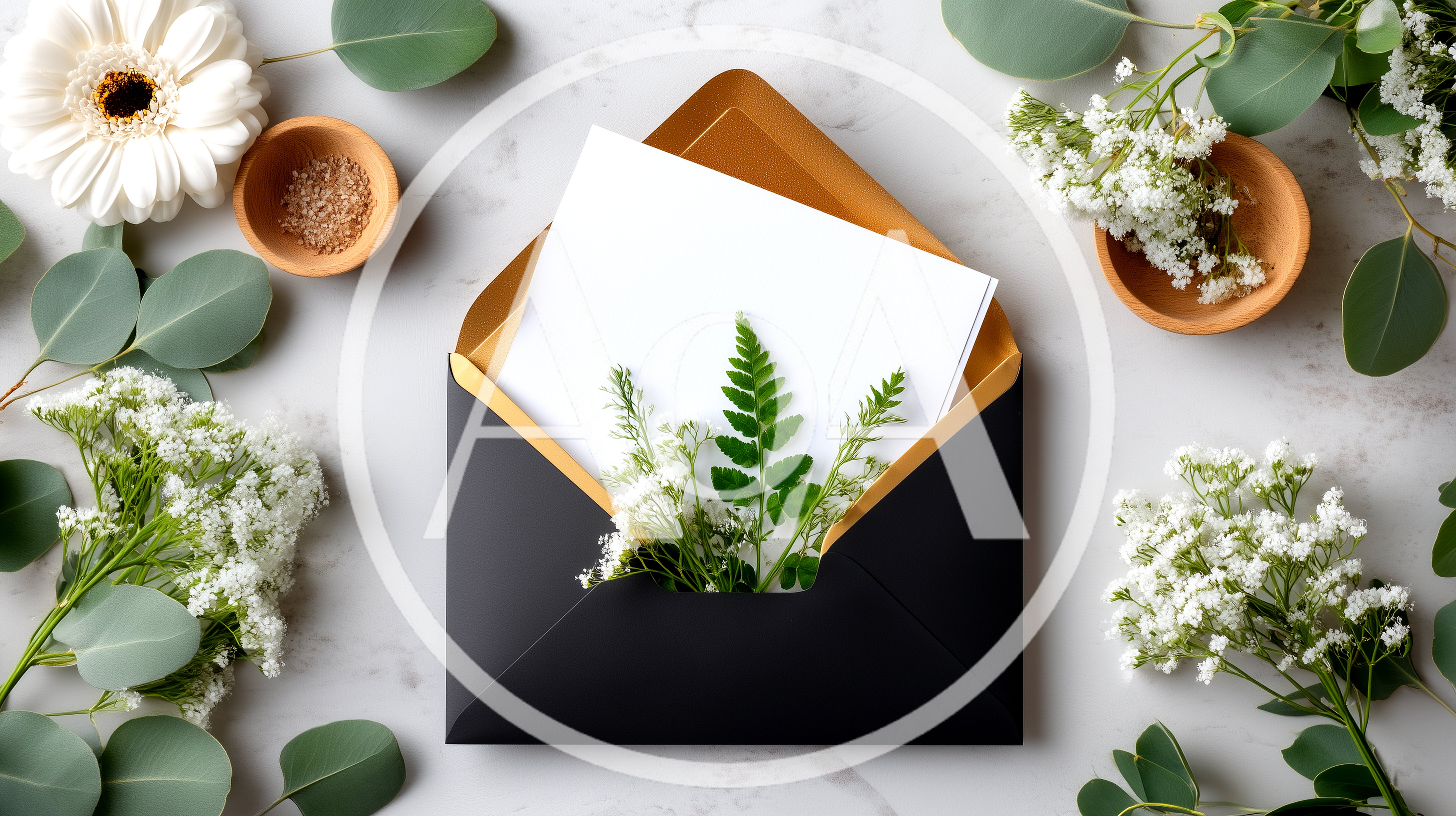 Elegant Black Envelope With White Card And Floral Arrangement