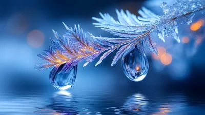 Frost Covered Pine Branch With Water Droplets