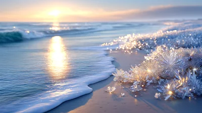 Frozen Snowflake Crystals On A Sandy Beach At Sunset