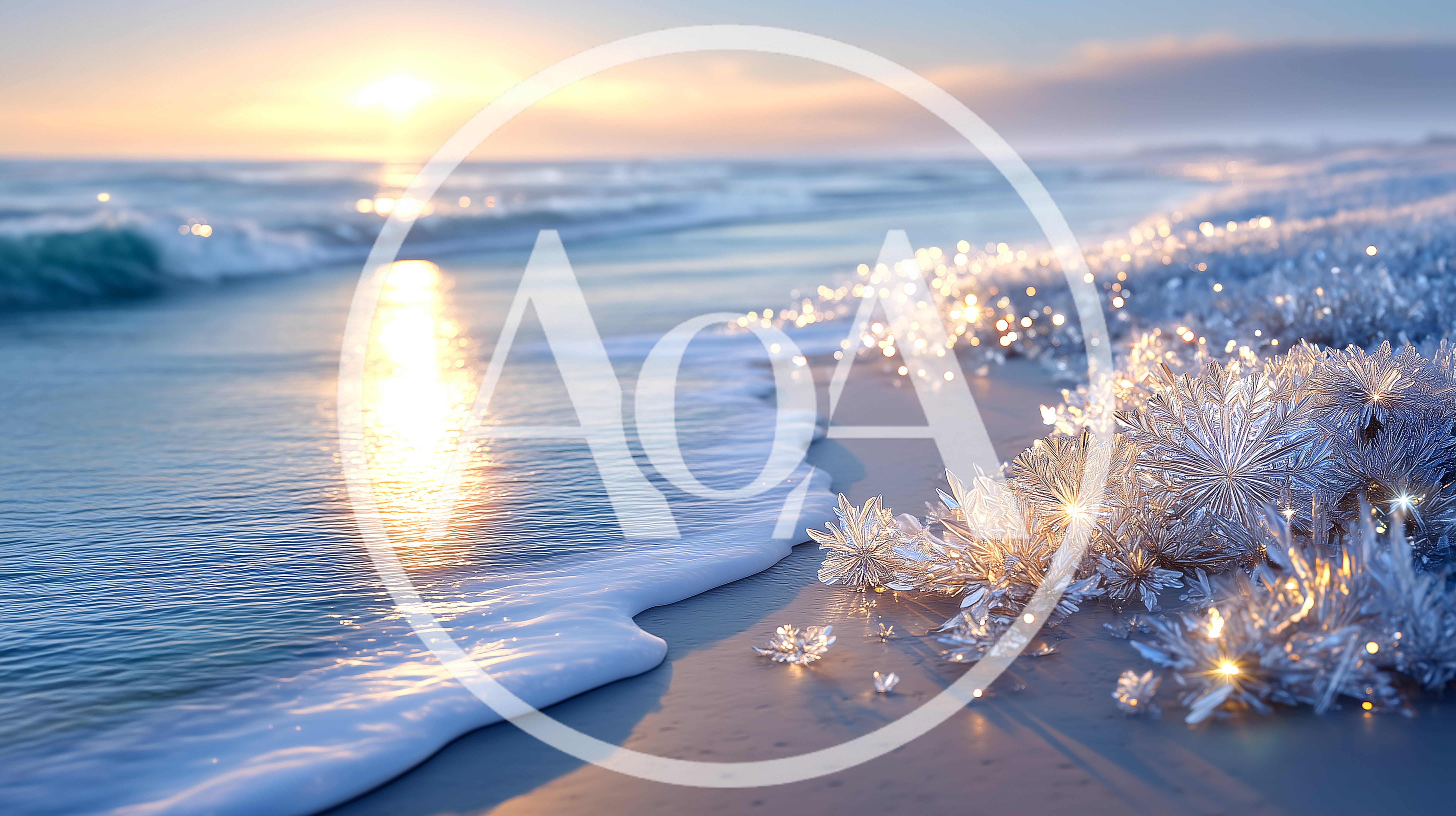 Frozen Snowflake Crystals On A Sandy Beach At Sunset
