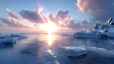 Arctic Landscape With Icebergs At Sunset