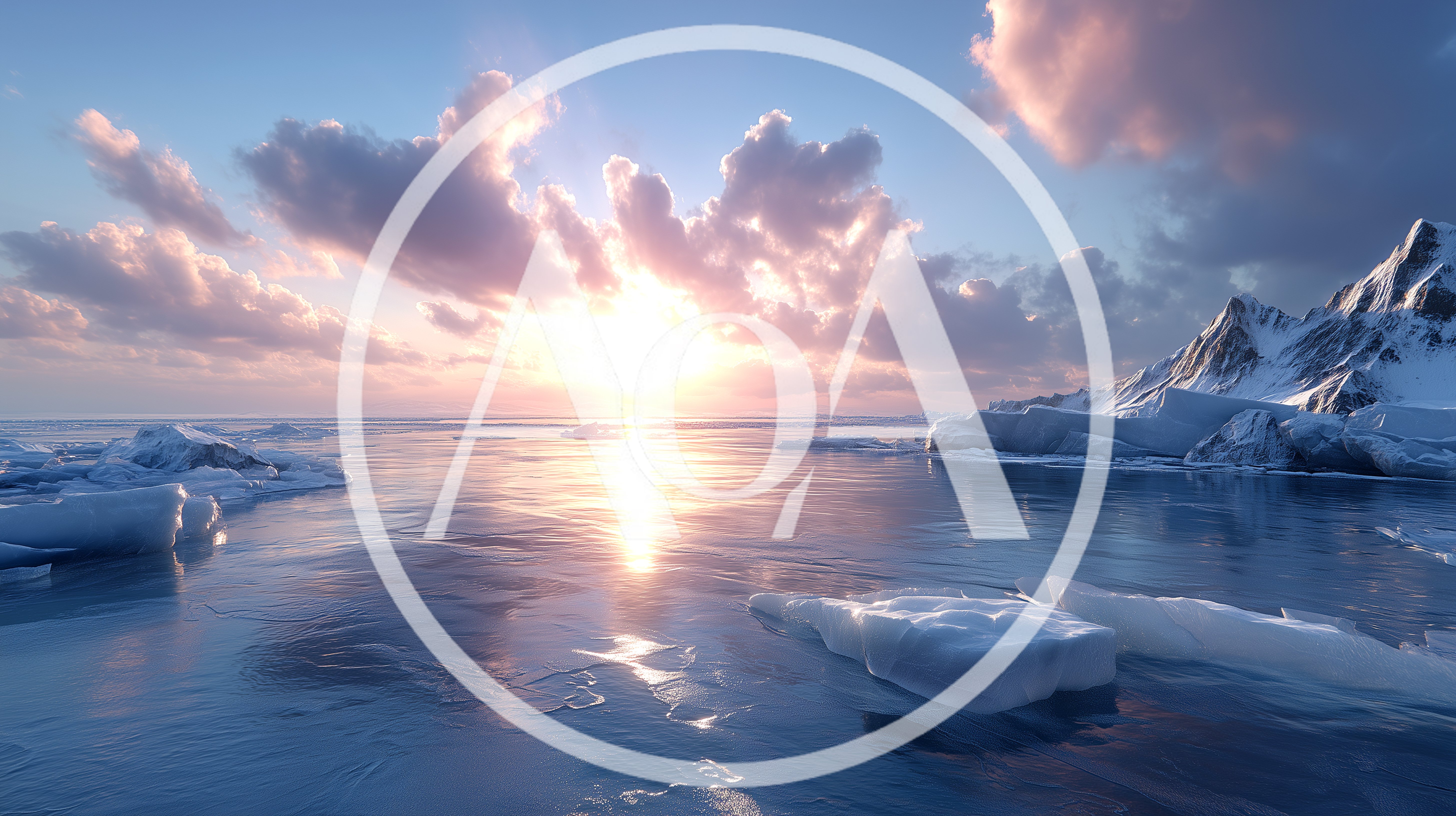 Arctic Landscape With Icebergs At Sunset