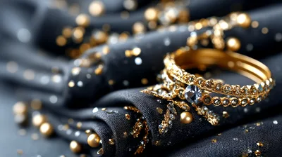 Gold Ring With Gemstone On Embellished Black Fabric