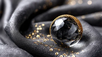 Faceted Crystal Sphere Resting On Dark Textured Fabric