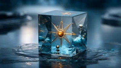 Golden Celestial Star Inside Transparent Glass Cube