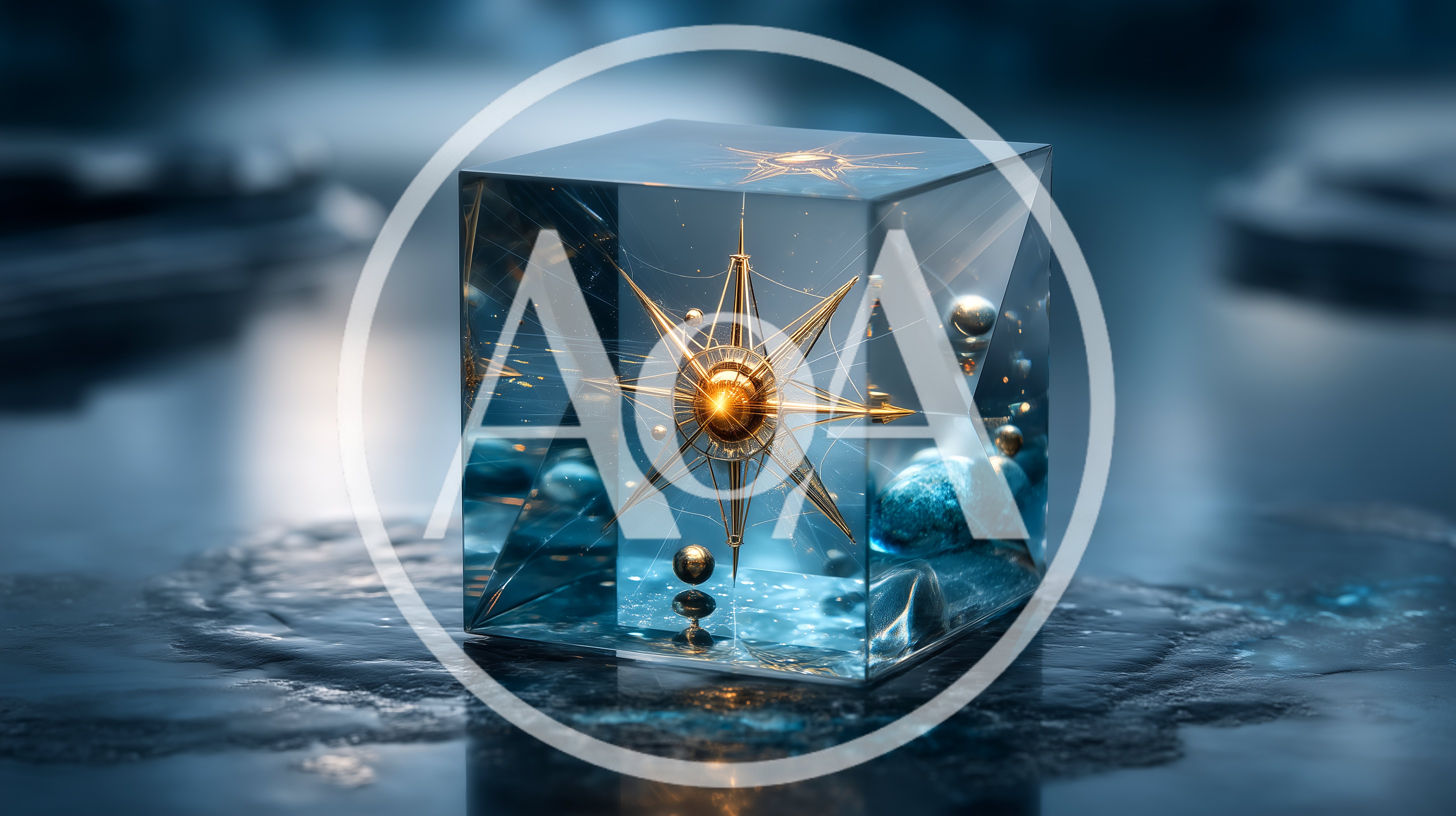 Golden Celestial Star Inside Transparent Glass Cube
