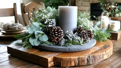 Rustic Christmas Centerpiece With Candle And Pinecones