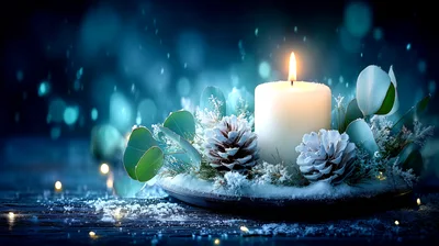 Lit Christmas Candle With Pinecones And Eucalyptus