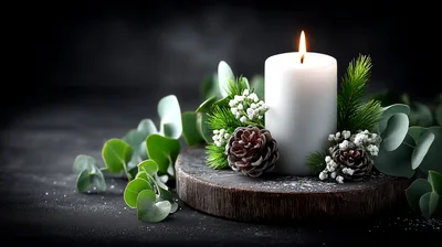 White Candle With Pine Cones And Eucalyptus