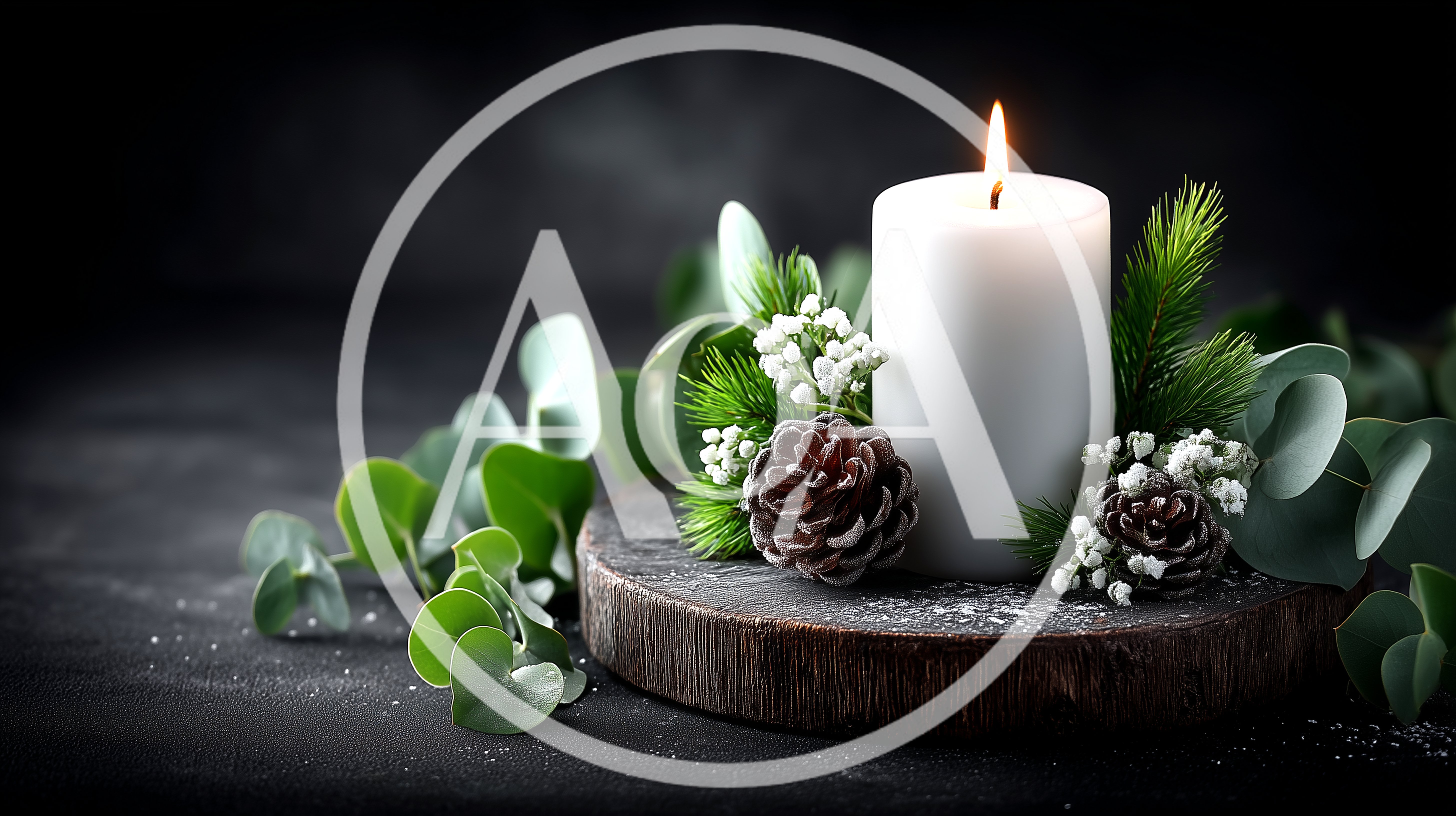 White Candle With Pine Cones And Eucalyptus