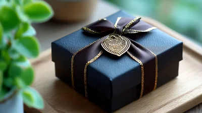 Elegant Gift Box With Ribbon On Wooden Tray