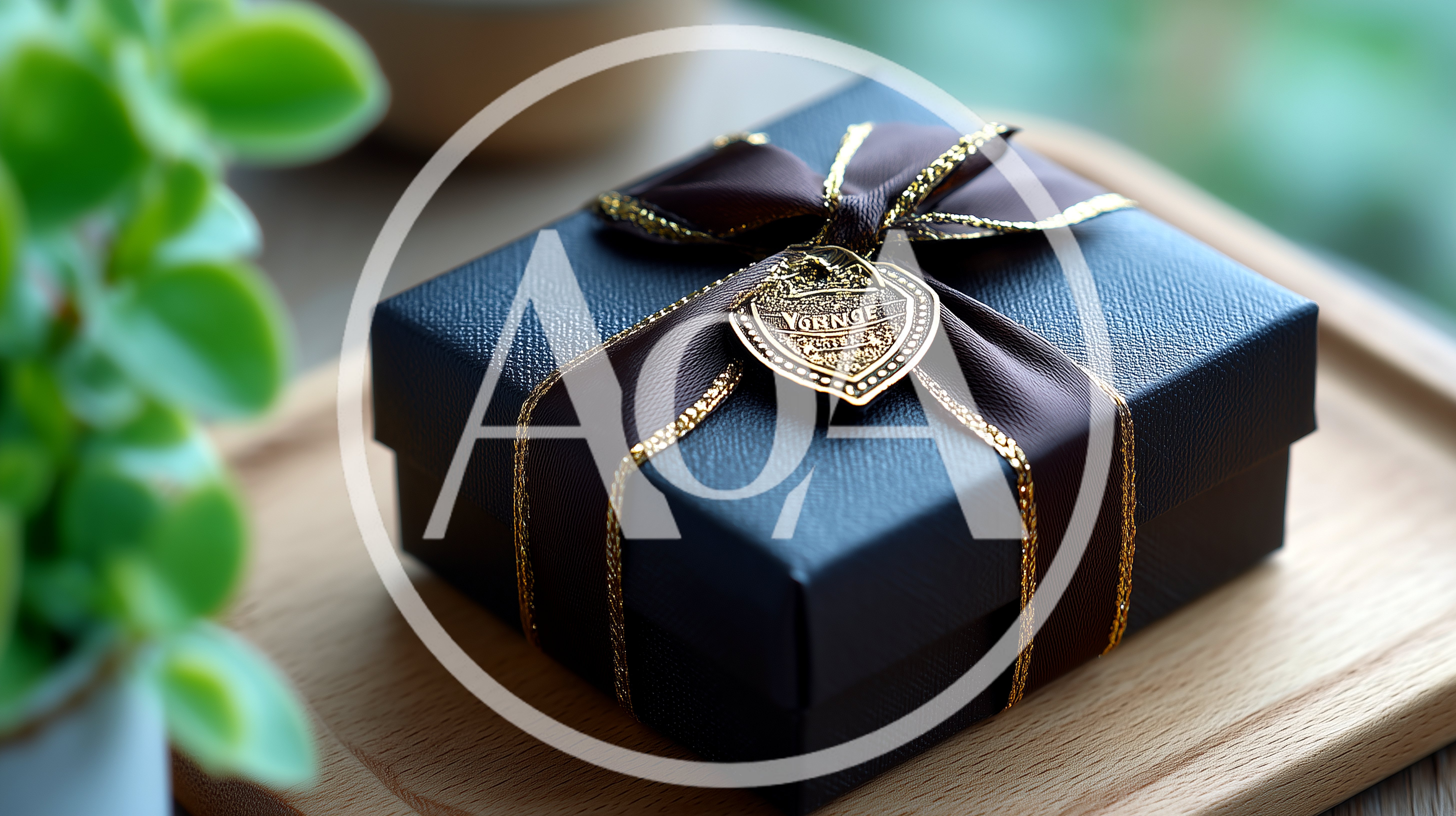 Elegant Gift Box With Ribbon On Wooden Tray