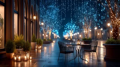 Outdoor Cafe Seating On A Festive Illuminated Street