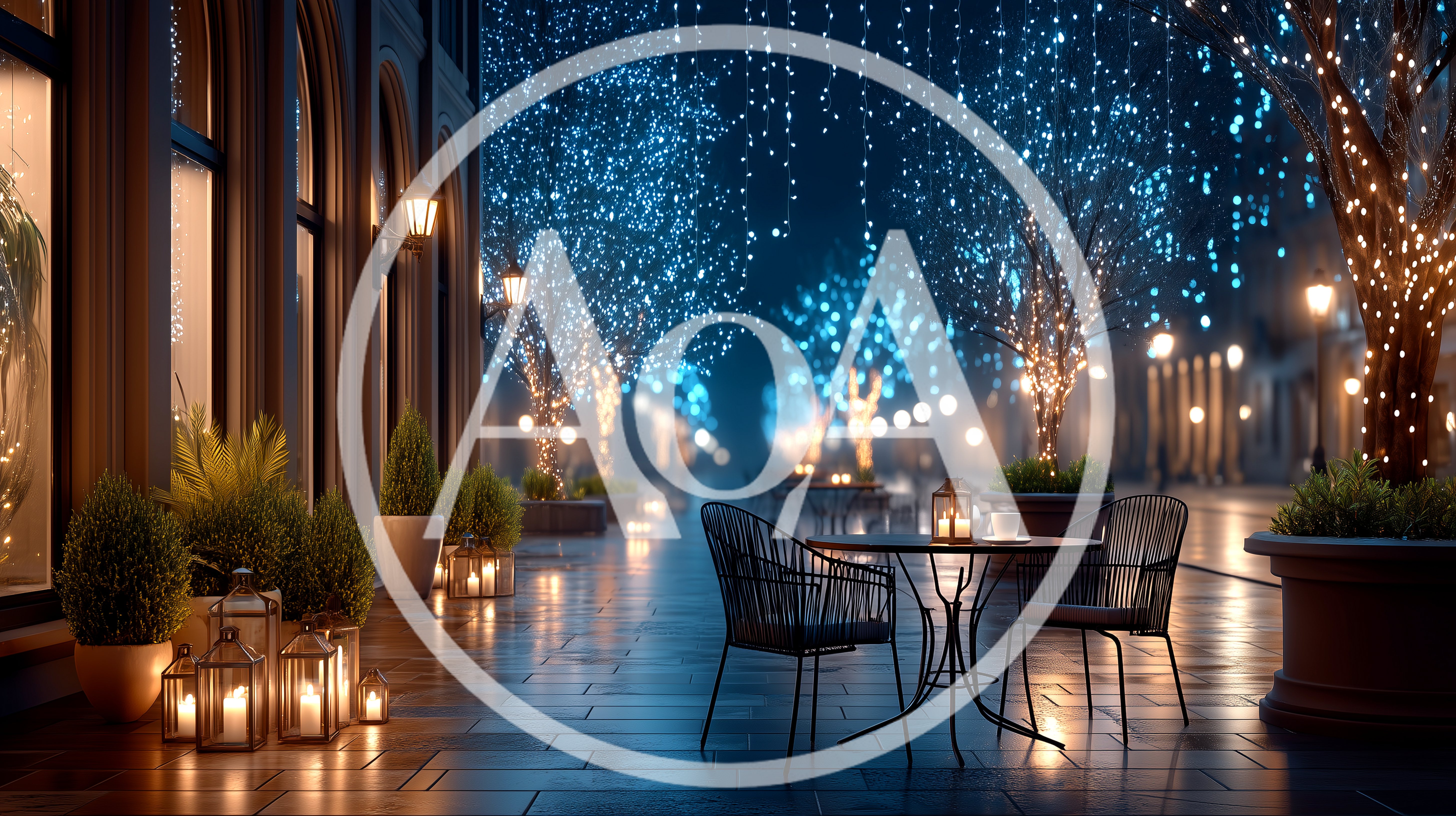 Outdoor Cafe Seating On A Festive Illuminated Street