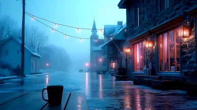 Coffee Mug On A Table In A Snowy Town