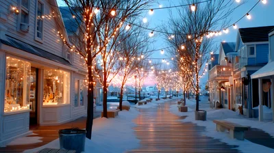 Snowy Boardwalk With Christmas Lights At Twilight