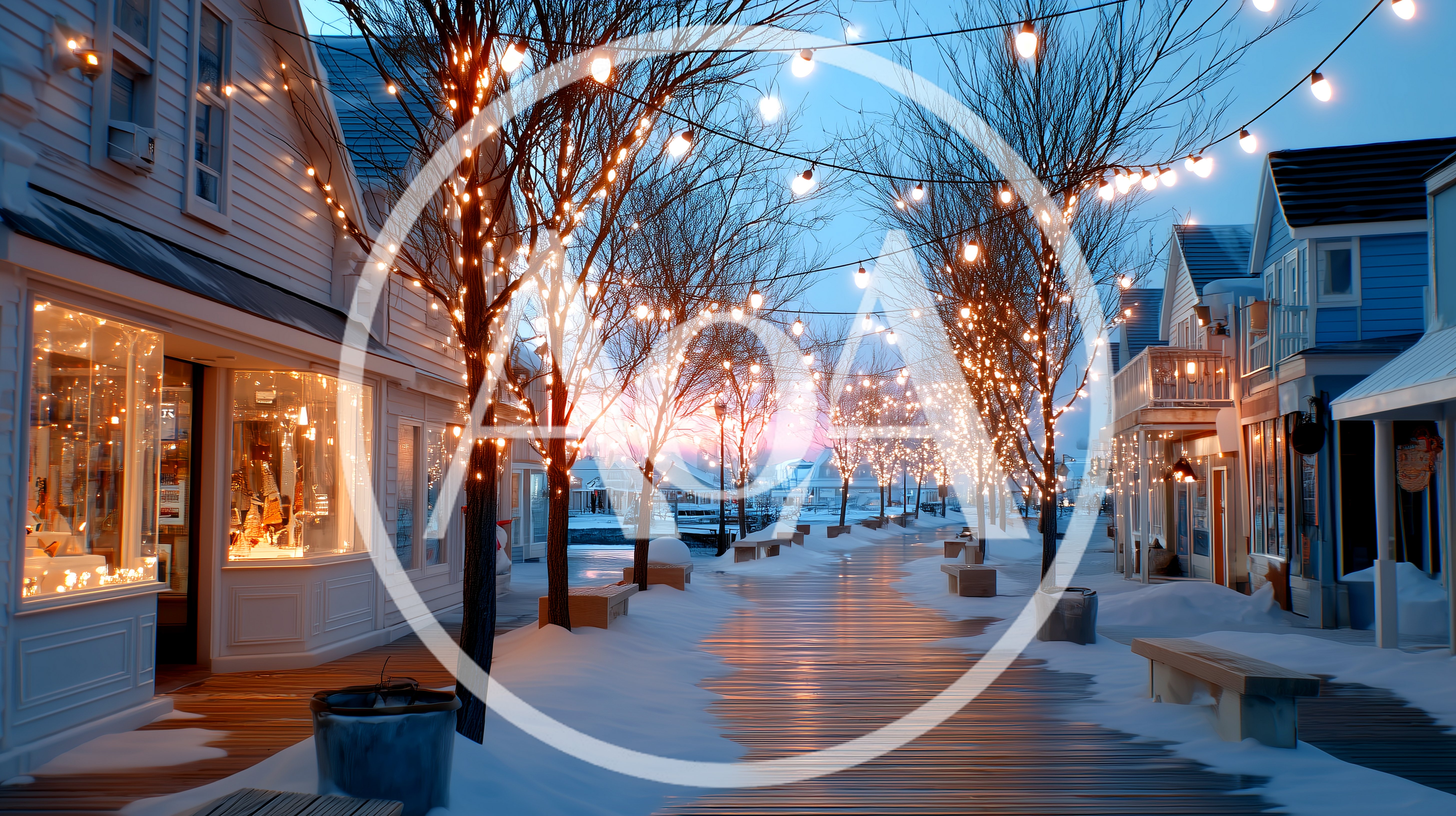 Snowy Boardwalk With Christmas Lights At Twilight