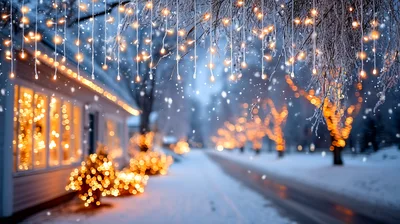 Christmas Lights Decorating A Snowy Suburban Street
