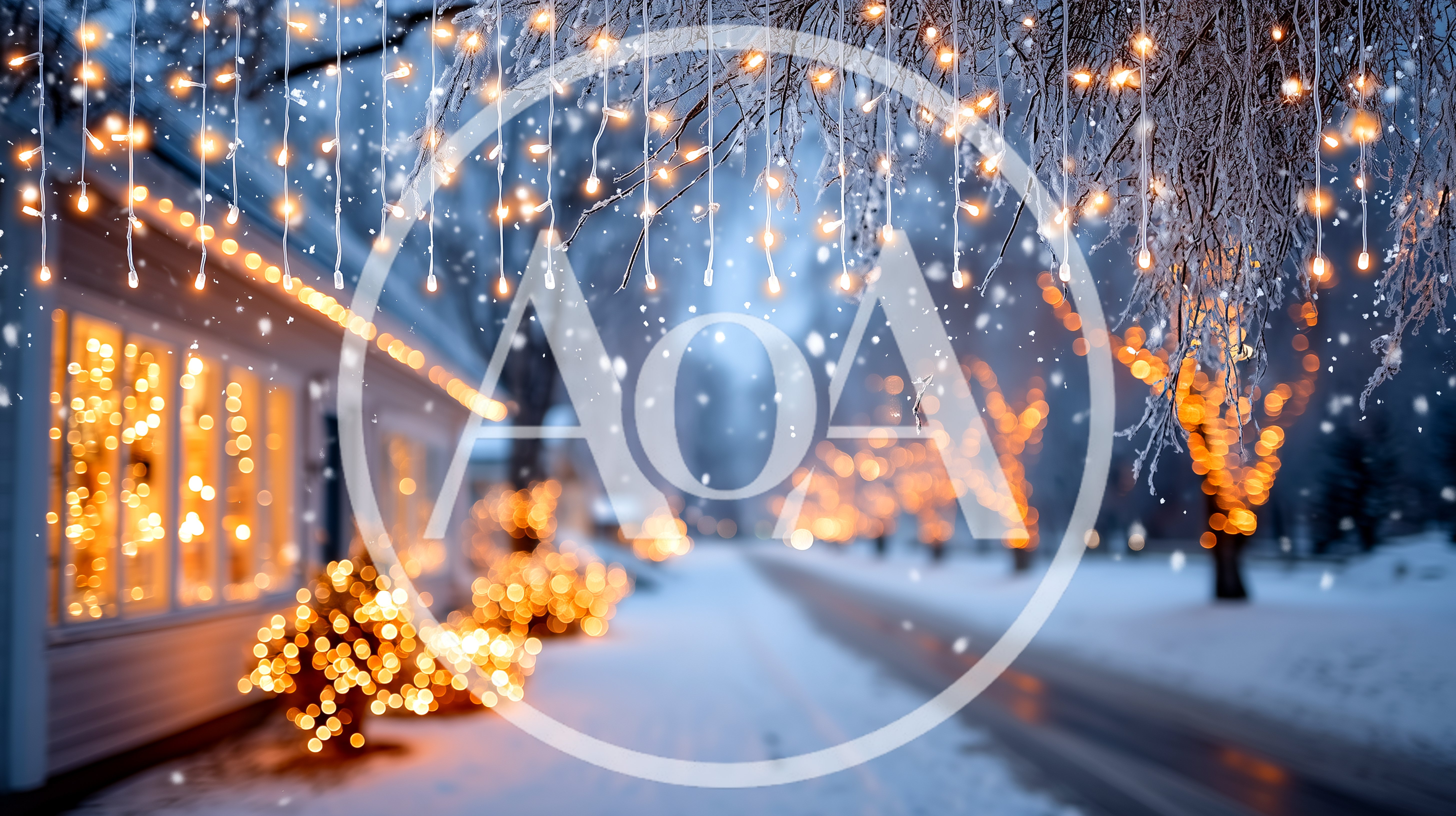 Christmas Lights Decorating A Snowy Suburban Street