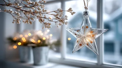 Glass Star Ornament Hanging In A Snowy Window