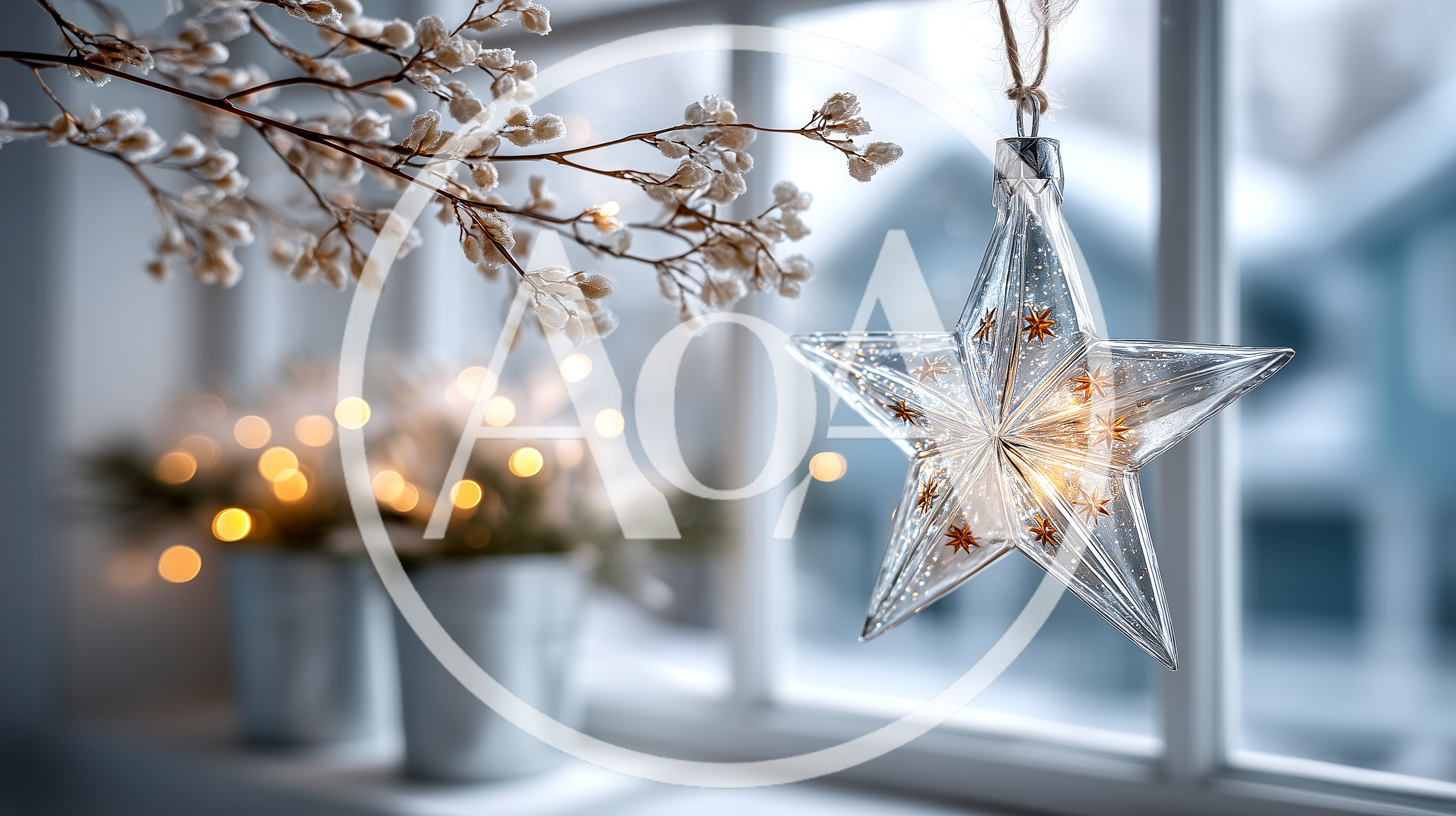 Glass Star Ornament Hanging In A Snowy Window