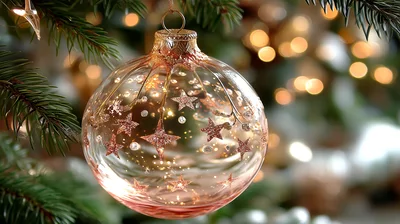 Clear Glass Christmas Ornament With Rose Gold Stars