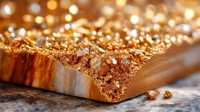 Raw Gold Nuggets Embedded In Polished Stone Slab