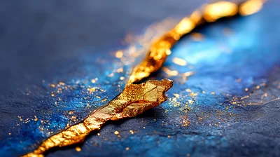 Gold Leaf Veins On Textured Blue Abstract Background