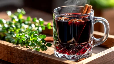 Steaming Glass Mug Of Mulled Wine With Spices