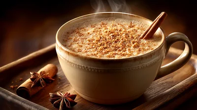 Steaming Cup Of Spiced Latte With Cinnamon And Anise