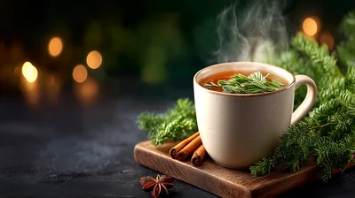 Steaming Mug Of Pine Needle Tea With Cinnamon