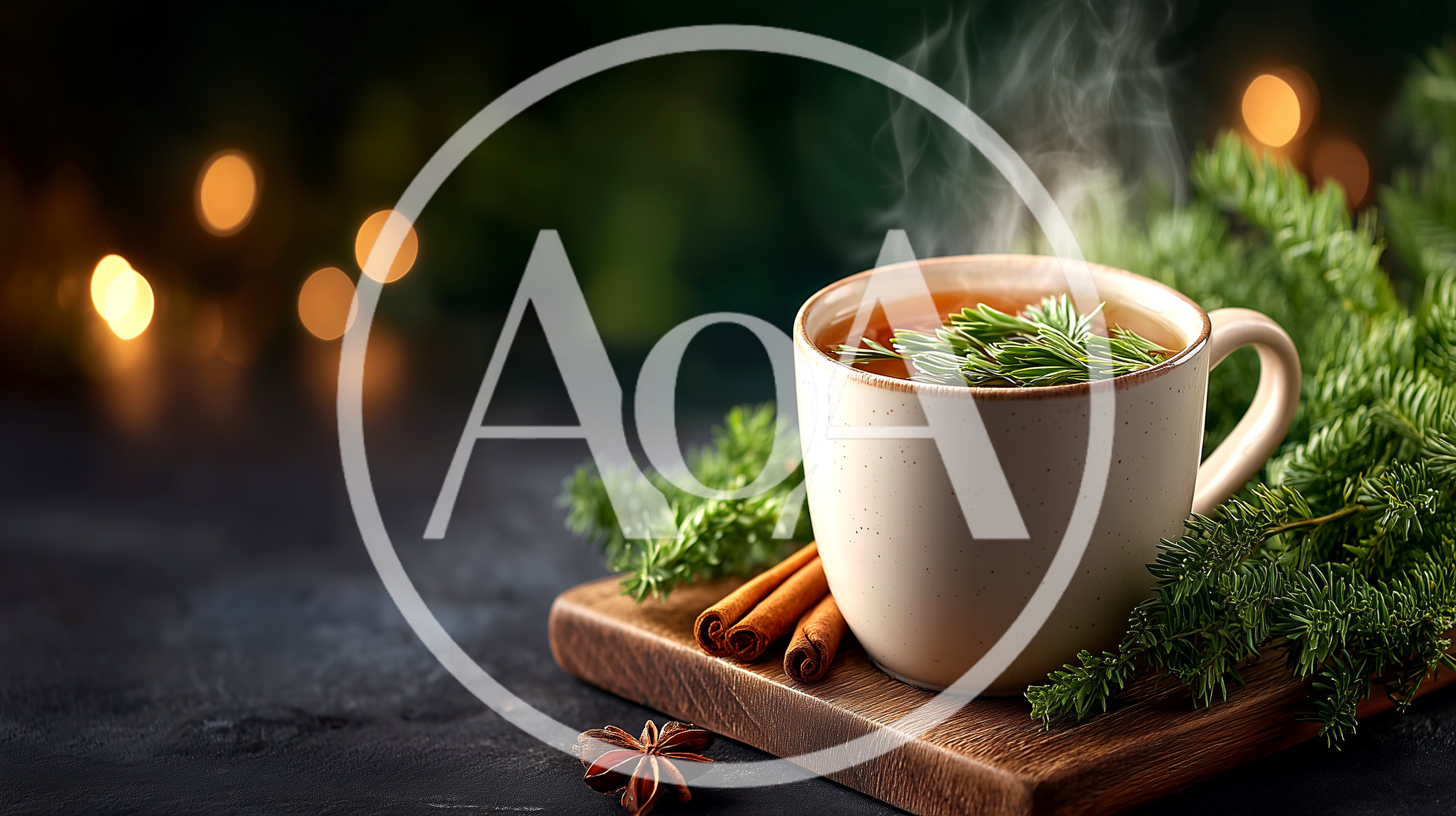 Steaming Mug Of Pine Needle Tea With Cinnamon