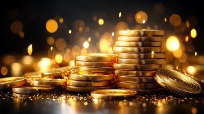 Stack Of Shiny Gold Coins With Bokeh Background