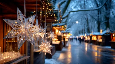 Illuminated Star Decorations At A Snowy Christmas Market