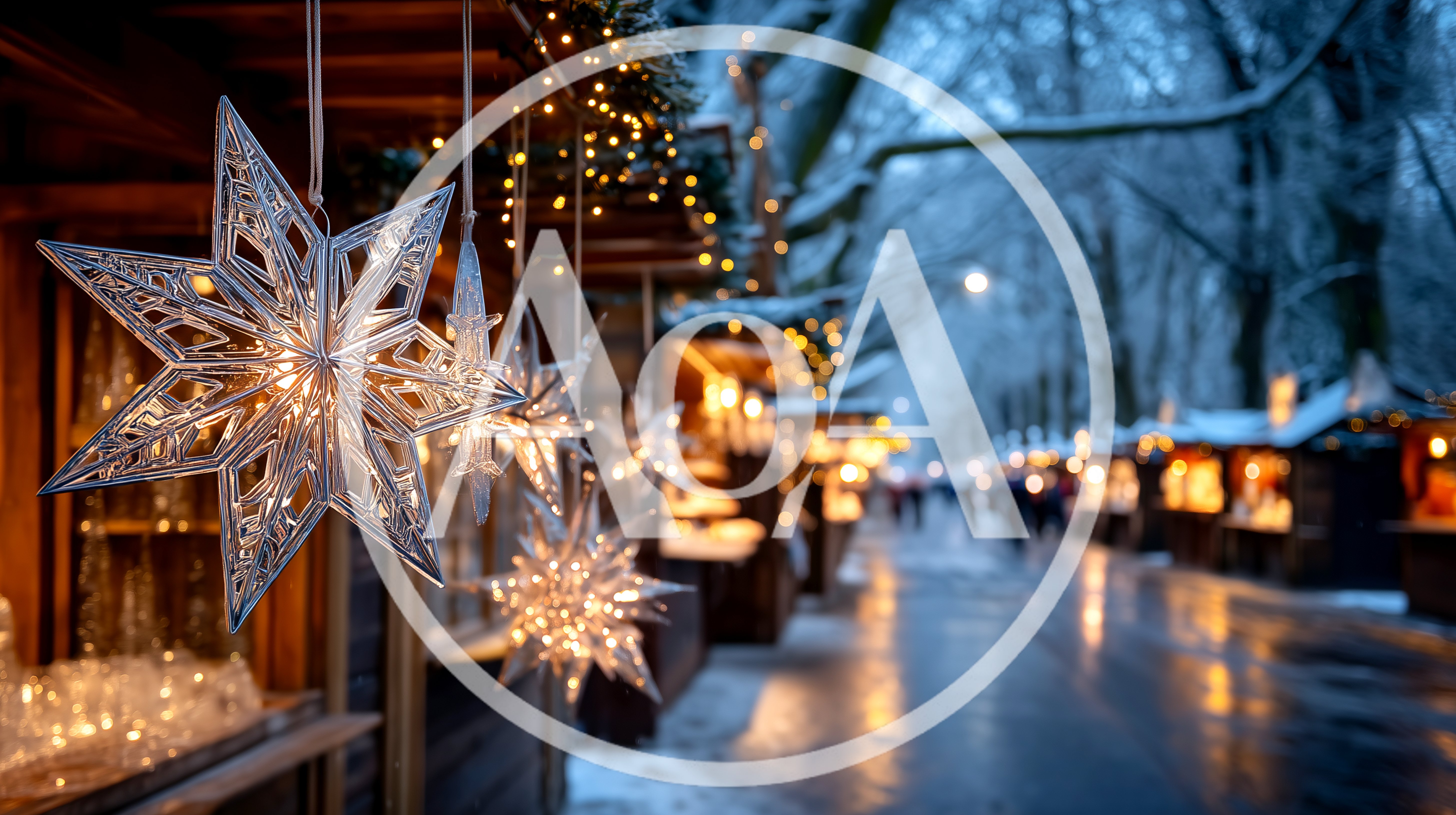 Illuminated Star Decorations At A Snowy Christmas Market