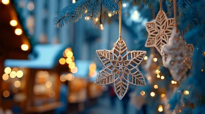 Decorative Snowflake Ornaments Hanging On Christmas Tree
