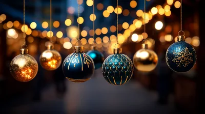 Hanging Christmas Ornaments With Bokeh Lights Background