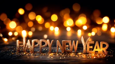 Gold Happy New Year Text With Bokeh Lights