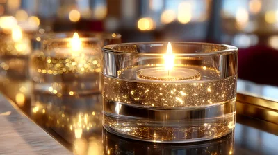 Lit Candles In Decorative Gold Glitter Glass Holders