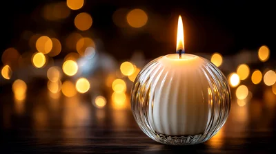 Lit White Ribbed Candle With Bokeh Background