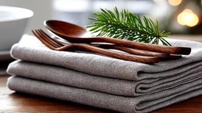Wooden Cutlery And Napkins On A Wooden Table