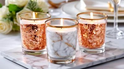 Three Decorative Candles On A Marble Tray