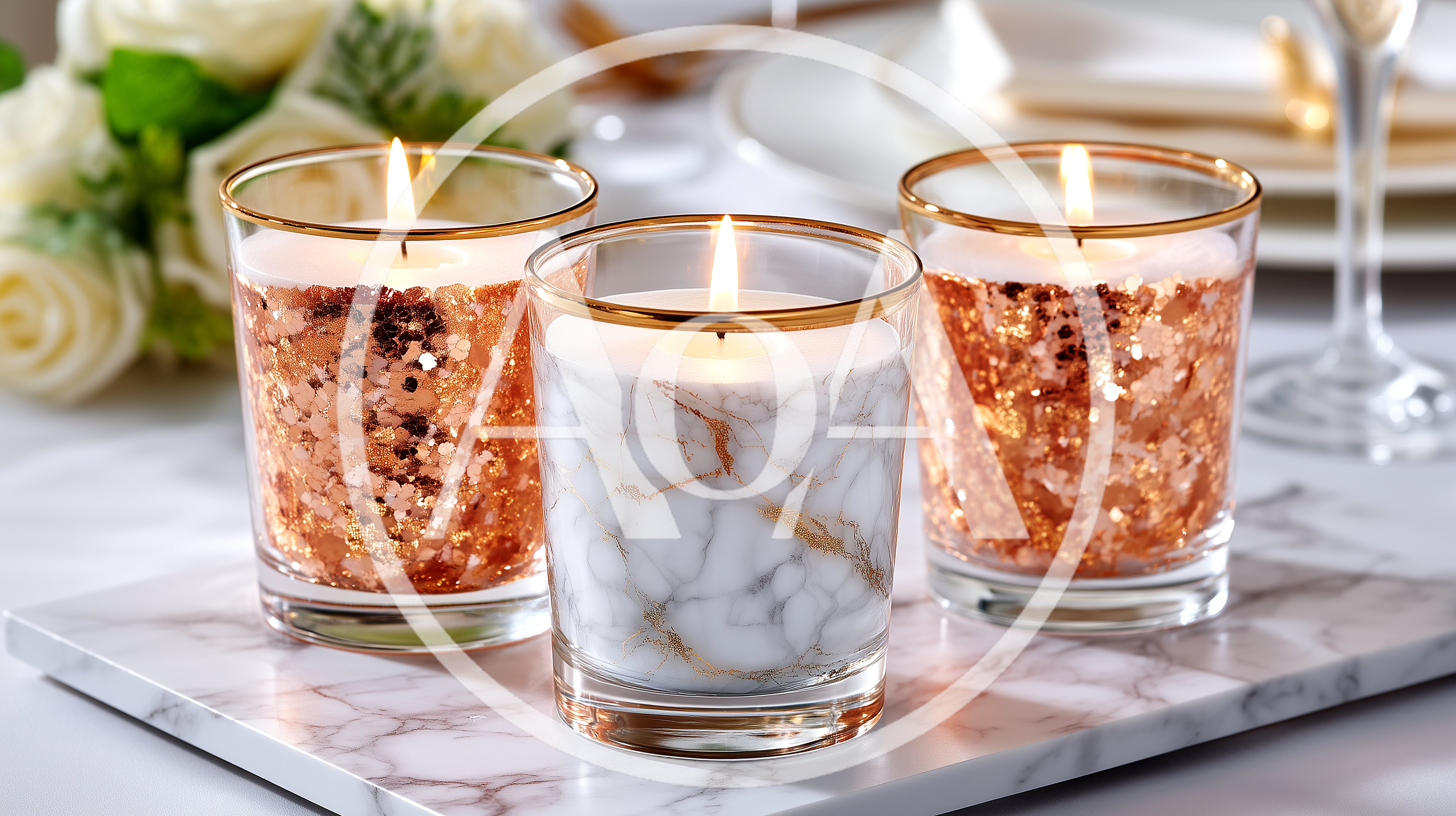 Three Decorative Candles On A Marble Tray